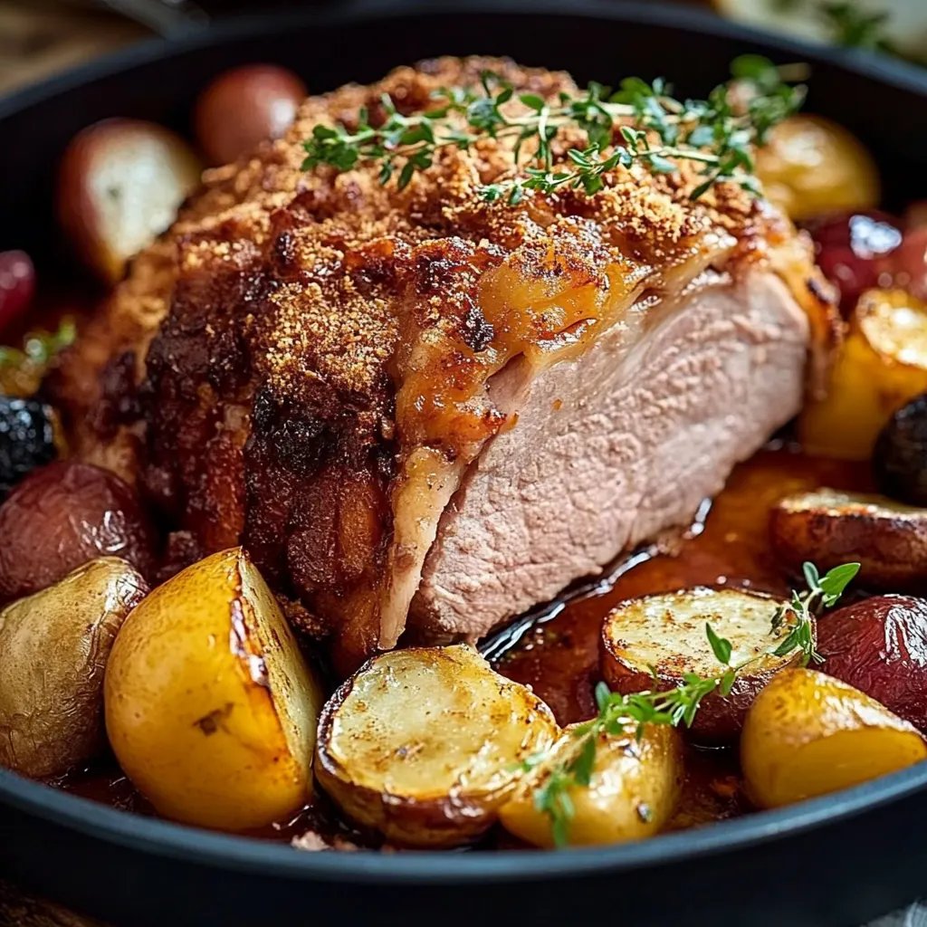 Saftiger Senfbraten mit Porree und Äpfeln